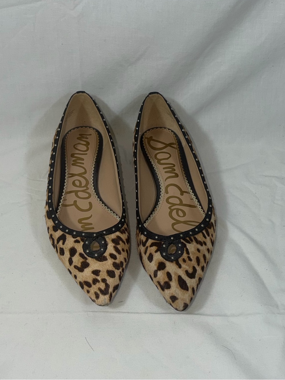 Sam Edelman Rini Leopard Print Calf Hair Pointed Toe Studded Ballet Flats 8M - Picture 2 of 11